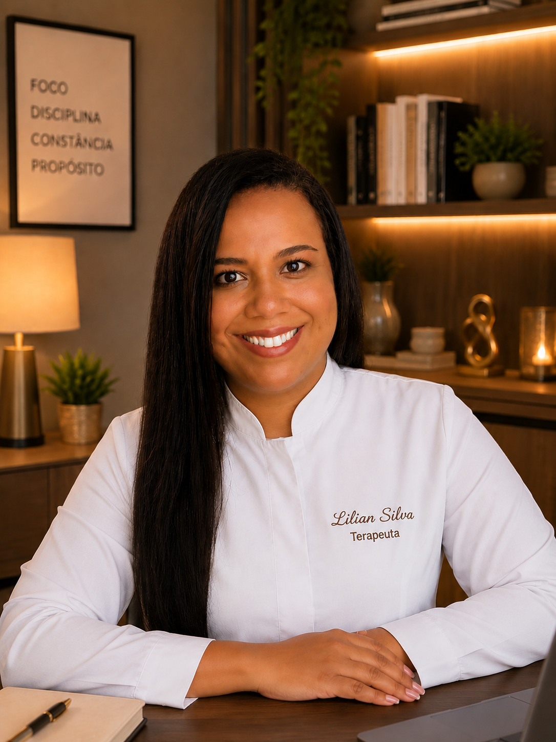 Lilian Silva sentada em um escritório acolhedor